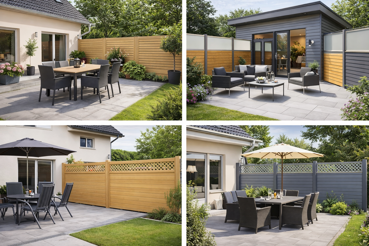 Verschiedene Terrassen mit Holz- und Glas-Sichtschutzelementen als Windschutz im Garten