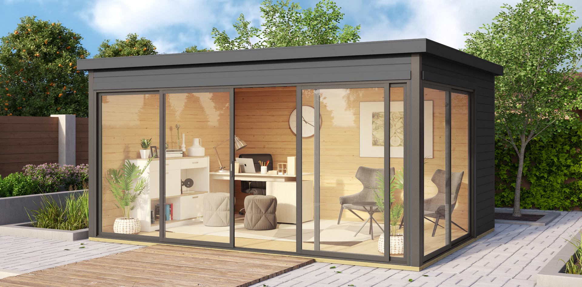 Modernes Garten-Office mit großen Glasflächen und klarer Architektur