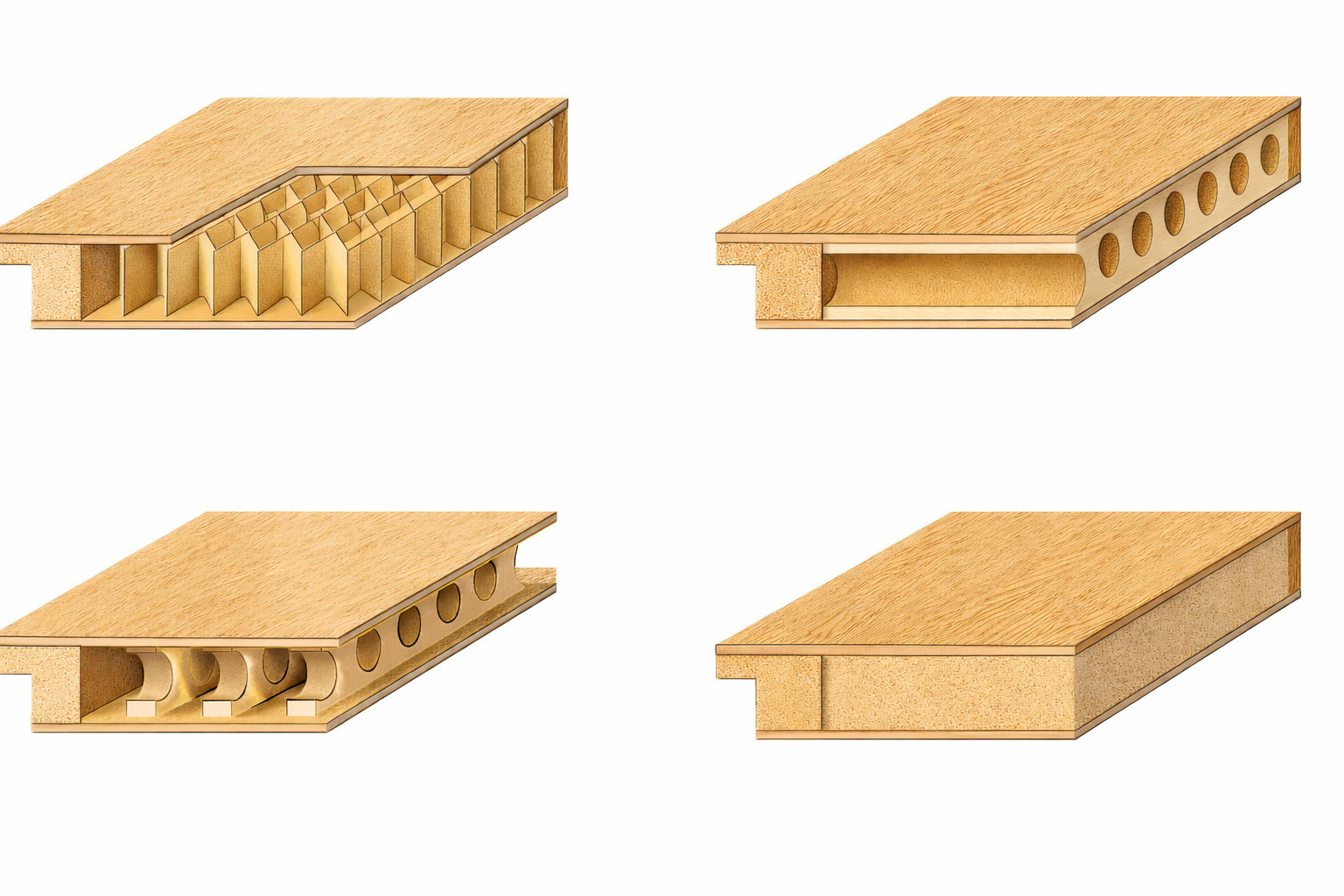 Vergleich des Türblatt-Aufbaus mit Wabenkern, Röhrenspan und Vollspanfüllung