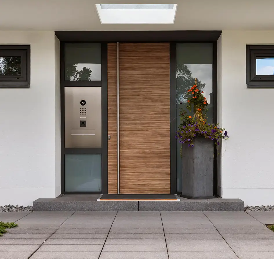Moderne Haustür aus Holz, Glas und Metall im Materialmix
