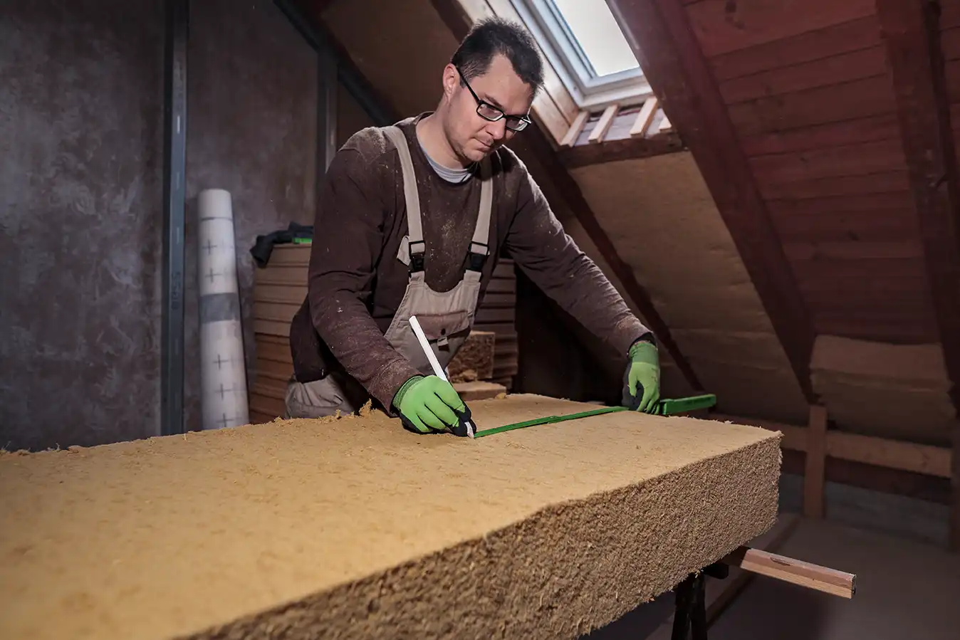 Handwerker misst Holzfaserdämmung für den passgenauen Einbau im Dach