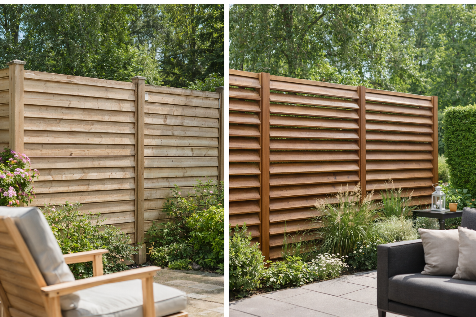 KI generiertes Bild - 2 Bilder mit jeweils einem massiven Sichtschutz aus Holz auf der Terrasse