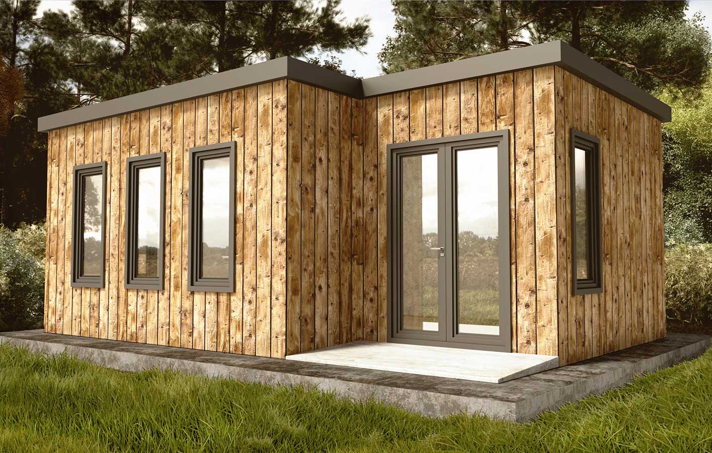 Modernes Holzhaus mit großen Fenstern in einer grünen Umgebung, das die Verbindung von Architektur und Natur symbolisiert.
